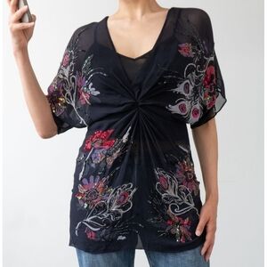 All Saints Sillk Beaded Tunic Top Black Size 8